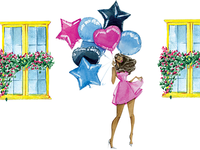 Birthday Balloons balloons birthday bash celebrate design dress editorial illustration fashion illustration feminine illustration lifestyle illustration texture walk watercolor watercolor flowers windows woman