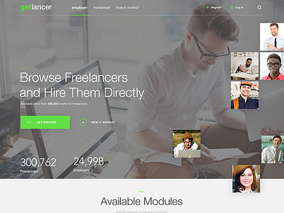 Homepage clean employees freelancer green header homepage job landing page photos search ui web design