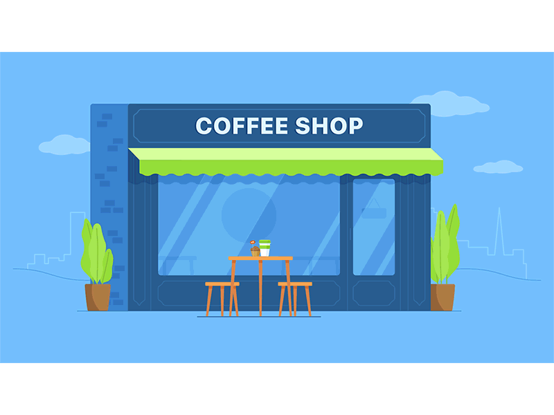 Coffee Shop animation animation 2d blue city coffee coffee cup coffee shop gif illustration loop motion design motion graphics muffin phone photo shape layers shop snapshot table