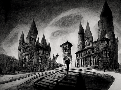 Hogwarts re imagined in Tim Burton Style editing generative art photoshop