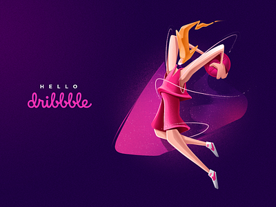 Hello Dribbble! active basket ball basketball colorful debut dribbble dunk hello illustration motion player purple vivid