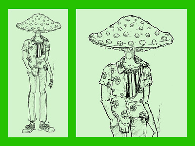 Mushroom Man black and white character design character development color design fashion floral fungus graphic design hand drawn illustration loner man mushrooms pattern pen photoshop raw skinny stripes