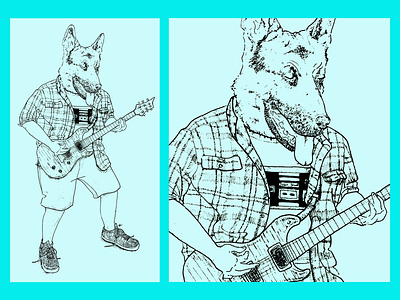 Greco Shepherd anthropomorphic black and white character design character development color design german shepherd graphic design guitar guitarist hand drawn illustration nintendo pattern pen photoshop plaid punk rock video game