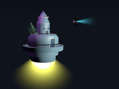 It's time to go away. cinema 4d floating illustration lighthouse plants space travel