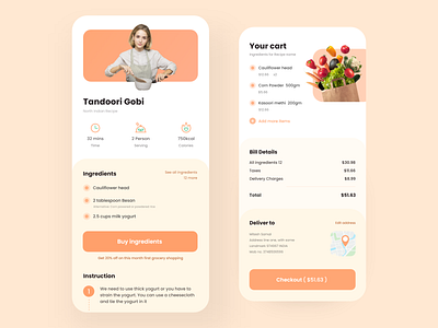 Recipe app and Cart page app appinterferance cart clean design food food app minimal recipe recipe app recipes ui uidesign uiux uiuxdesign ux