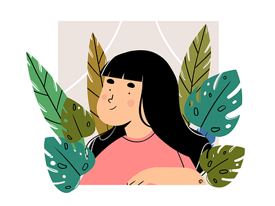 Window character design female character flat girl illustraion ipad leafs plants procreate app