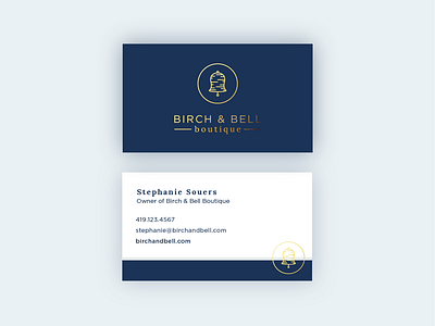 Birch & Bell Boutique Business Cards bell birch boutique boutique logo branding business cards gold icon light blue navy