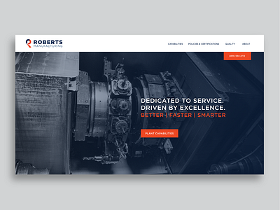 Robert's Manufacturing Homepage bold design homepage logo manufacturing navy blue orange photography website