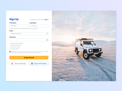 Sign Up / Register Page account auto car form design password register registration sign in sign in form sign in page sign up signup social proofing social sign in