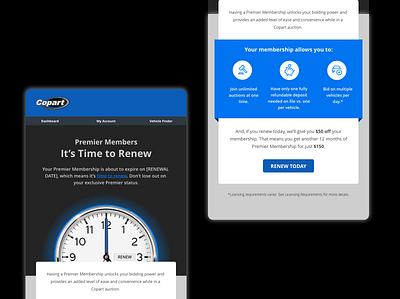 Car Upgrade Membership Email auto automobile automotive blue campaign car clock dark mode dark theme email email design membership neon renewal upgrade