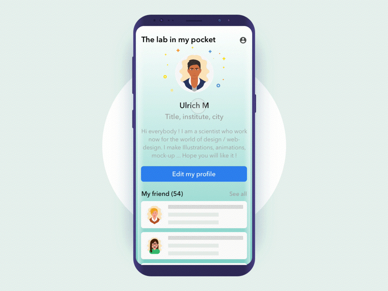 Friends interaction with "The lab in my pocket" android animate laboratory mockup phone pocket profil samsung science scientist