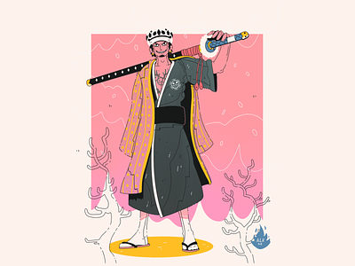 Trafalgar Law In Wano! artwork character design comic digital illustration drawing gradient gradient color hq illustration lineart manga one piece onepiece pink samurai