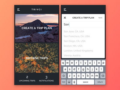 Travel App Design app dashboard home page interface ios mobile search travel trips ui
