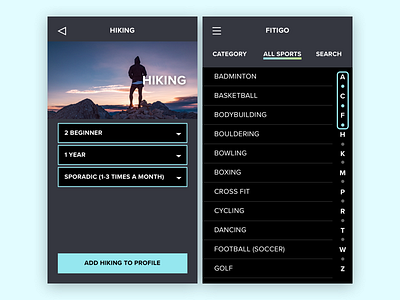 Fitness App Concept app categorization dropdown fitness list mobile sports