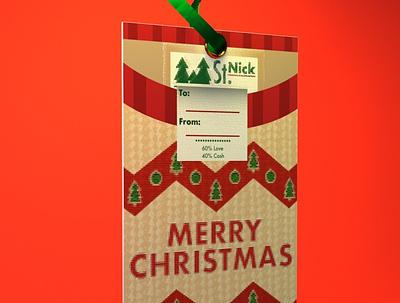 Christmas Sweater Tag brown christmas cinema4d design green hangtag illustrator red ribbon tag tan texture trees typography vector