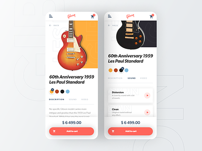 Gibson App concept - Guitar e-commerce app app design branding commerce concept design e-commerce gibson guitar guitars mobile music ui ux web xd