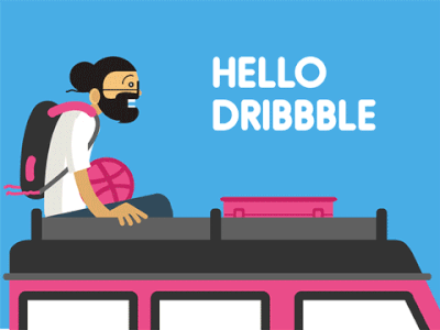 Hello Dribbble. animation begins character debut first graphic illustration journey motion on board shot vector