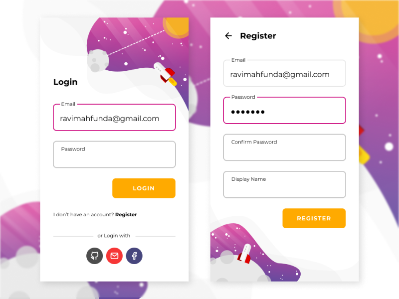Login and Register Page | Nautica clean material design galaxy register page login page