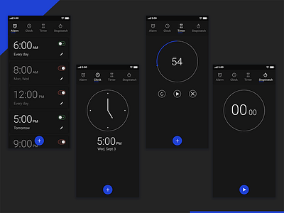 Clock App UI alarm clock concept concept ui dark ui deribbble design dribbbler flat ui mockup stopwatch timer ui ux