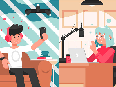 Streaming interview character flat illustration interview podcast vector