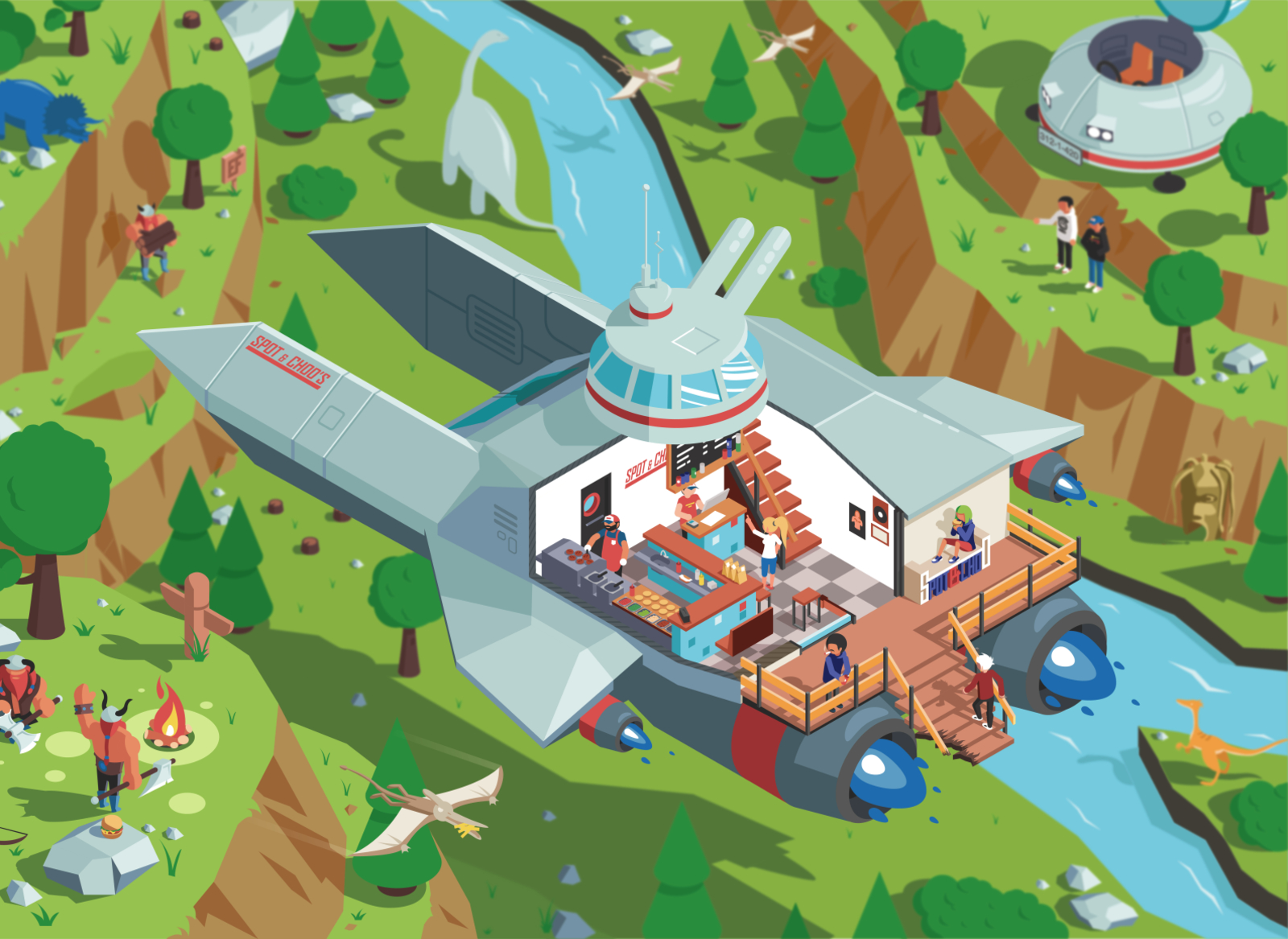 Spot & Choo's burgers dinosaurs flat game art illustration isometry landscape spaceship vector vikings