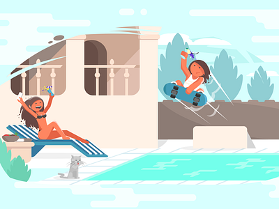 Poolparty character flat girl illustration pool skateboard vector