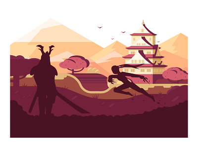 Japan castle character flat illustration japan landscape ninja samurai vector