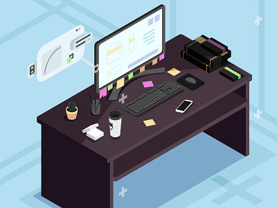 Work place design illustration isometric isometry vector workplace