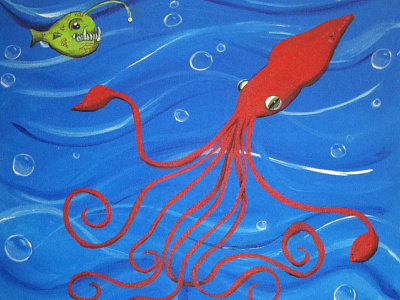 Giant Squid & Angular Fish acrylic angler fish angular fish deep sea giant squid handmade illustration ocean painting sea creature squid
