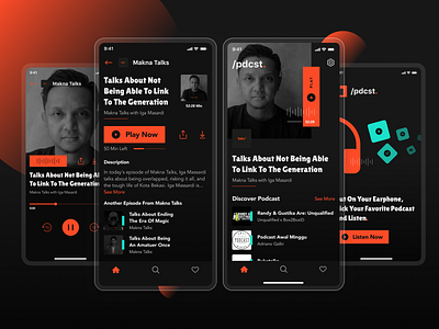 /pdcst. (Podcast App) apps apps ui colors dark ui design orange play podcast sound ui ui ux ux