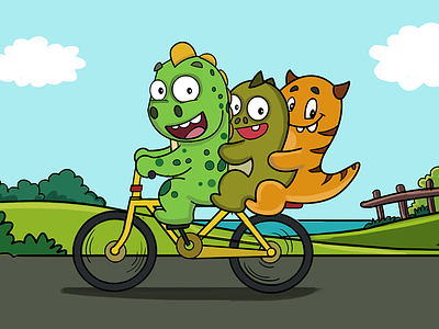 Dinosaur With His Friends On Bicycle animal bicycle book illustration cute dinosaur friends illustration funny story illustration