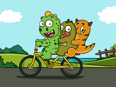 Dinosaur With His Friends On Bicycle