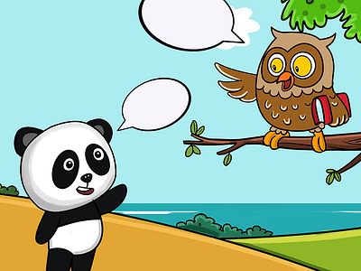 Mr Panda Talk With Owl Illustration animal book illustration cute owl panda story illustration talking illustration