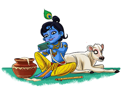 God Krishna Using Phone Illustration book illustration cute cute illustration design god illustration krishna pot story story illustration