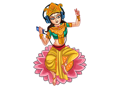 Illustration Of Goddess Saraswati Listening Songs book book illustration cute cute illustration design goddess illustration story story illustration