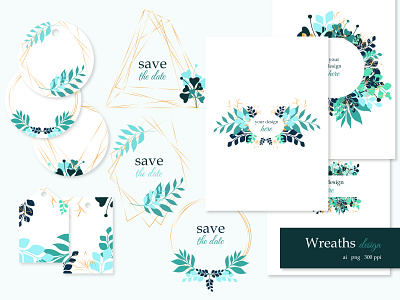 Wreaths and cards banners cards geometrical wreaths golden design golden wreaths graphic design green design invitation invite leaves leaves design leaves wreaths save the date save the date card spring design tags templates vector art wreath wreaths design