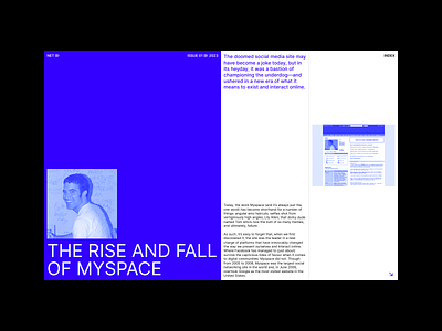 The Rise and Fall of MySpace blue editorial layout magazine minimal myspace print sans swiss typography web