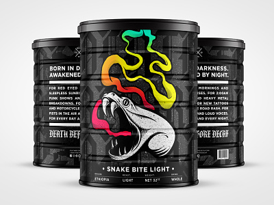 Death Before Decaf: Snake Bite Light art direction branding can design coffee coffee branding coffee design coffee packaging design graphic design identity illustration logo packaging packaging design student project student work type typography