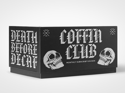 Death Before Decaf: Coffin Club Subscription Box art direction branding coffee coffee branding coffee design coffee packaging design graphic design identity illustration logo packaging packaging design student project student work subscription box type typography