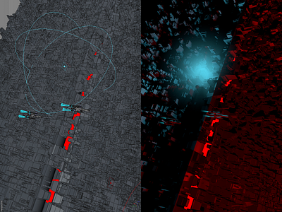 Space ships flying - working view vs. render 3d animation render wireframe