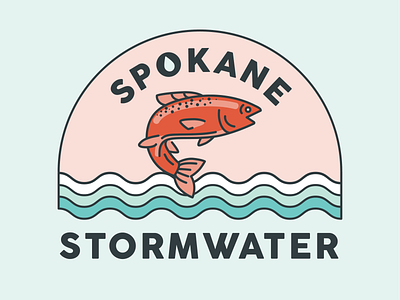 Stormwater Salmon badge branding conservation design fish fish logo flat icon illustration illustrator inland northwest logo logo design pacific northwest pnw river salmon spokane vector water
