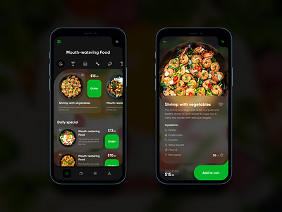 Mouth-watering Food app black clean concept design food green icon illustration ui ux vector