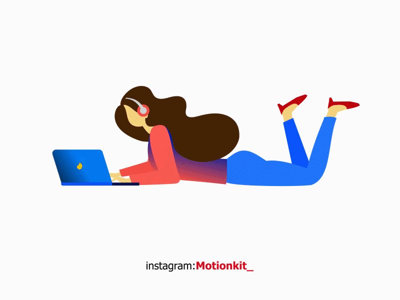 Working Women on Her Laptop - Lottie Animation girl character laptop listening web surfing women working working from home