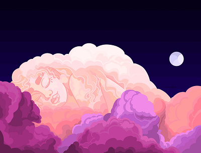 In The Clouds cloud clouds digital illustration illustration moon night sky sleep woman