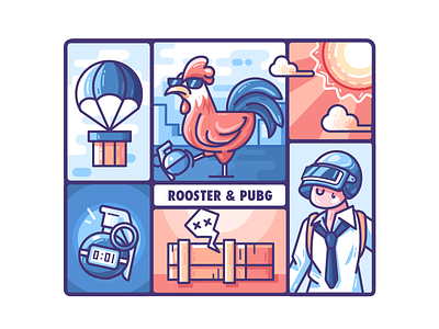 Rooster & PUBG airdrop animal chicken cock comic danger design gameover icon illustration outline parachute pubg rooster story sun tnt vector zodiac zodiac sign