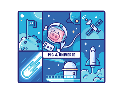 Pig & Universe animal astronaut comet comic design icon illustration night pig planet satellite space star story telescope universe vector zodiac zodiac sign