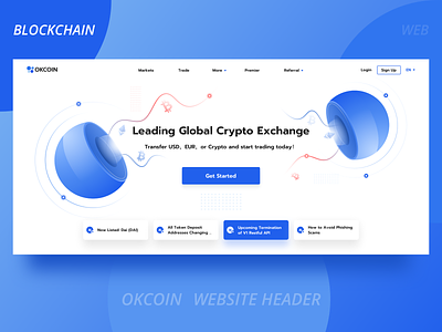 Okcoin blockchain official website header banner ad blockchain blue button circular line login more transaction web website