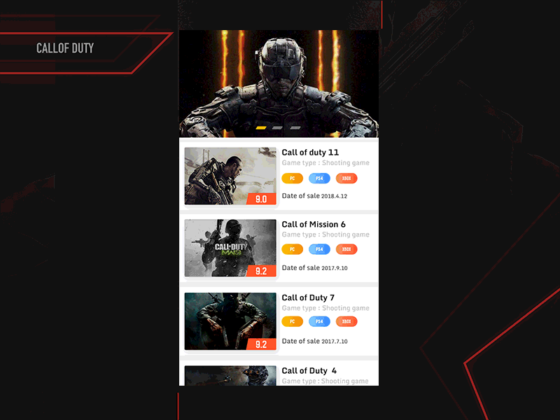 Game list page black call of duty card details evil game label page photoshop resident ui