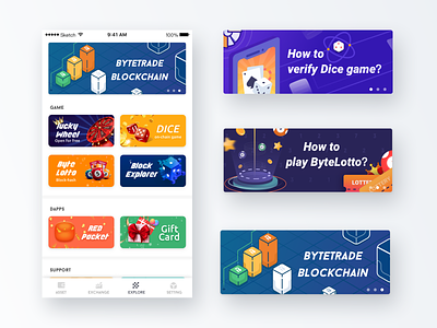 Bytehub Composite pages for games banner blockchain byte lotto dice game gift card lucky wheel red pocket ui