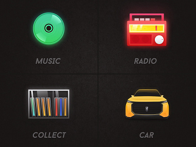 Design of automotive theme Icon button car collect green greens icon music radio red ui yellow